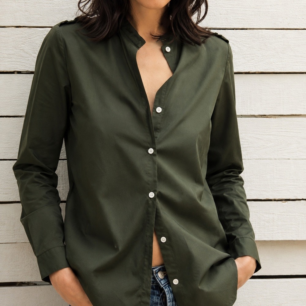 Marie Marot Olive Green Nina Button Down Shirt Ruffle Size XS